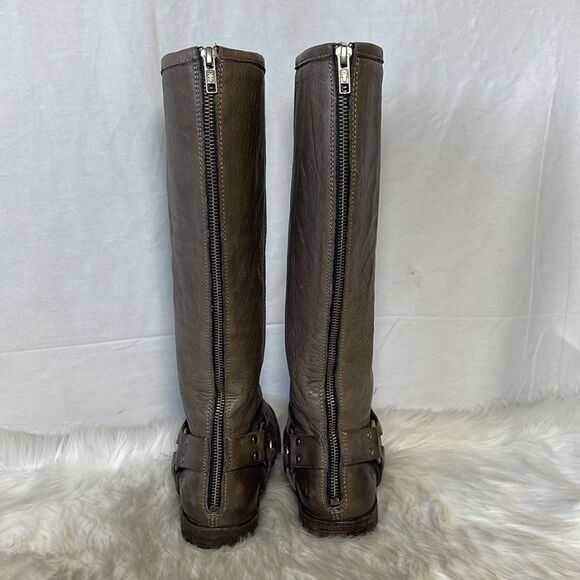 Frye Boots Phillip Grey Textured Leather Harness Tall Boots Sz - Picture 3 of 6
